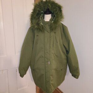 Tudor Court Coat Parka Women's 3X Green Faux Fur Hooded Quilted Puffer Coat